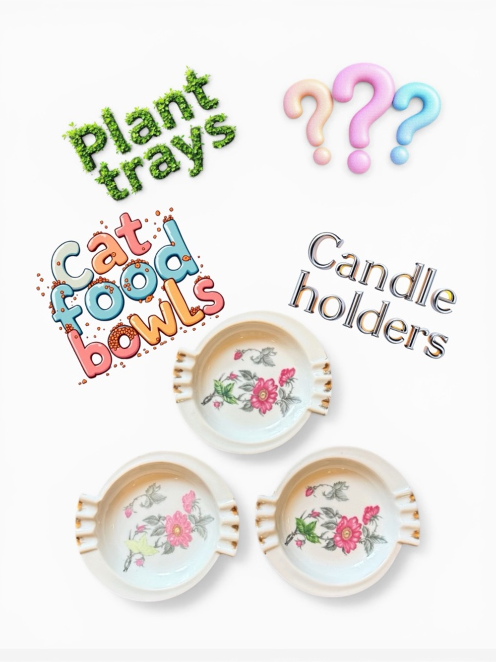 Vintage Porcelain Cottagecore Ashtrays with Pink Floral Design and Gold Accents